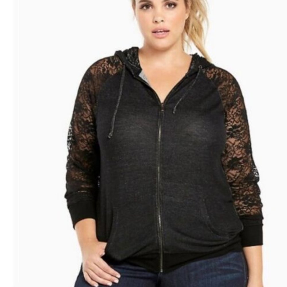 Plus Size Black Lace Sleeve Zip-Front Hoodie